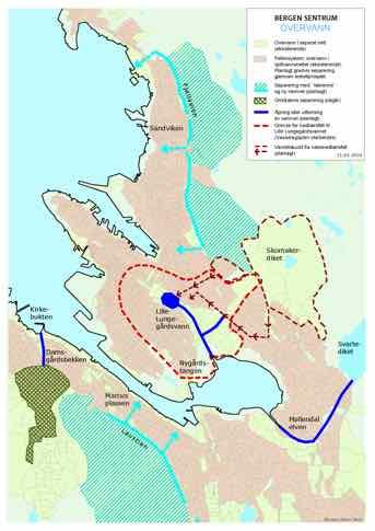 Bergen sentrum. & De store linjer planlagte overvannssystemer i sentrale områder.