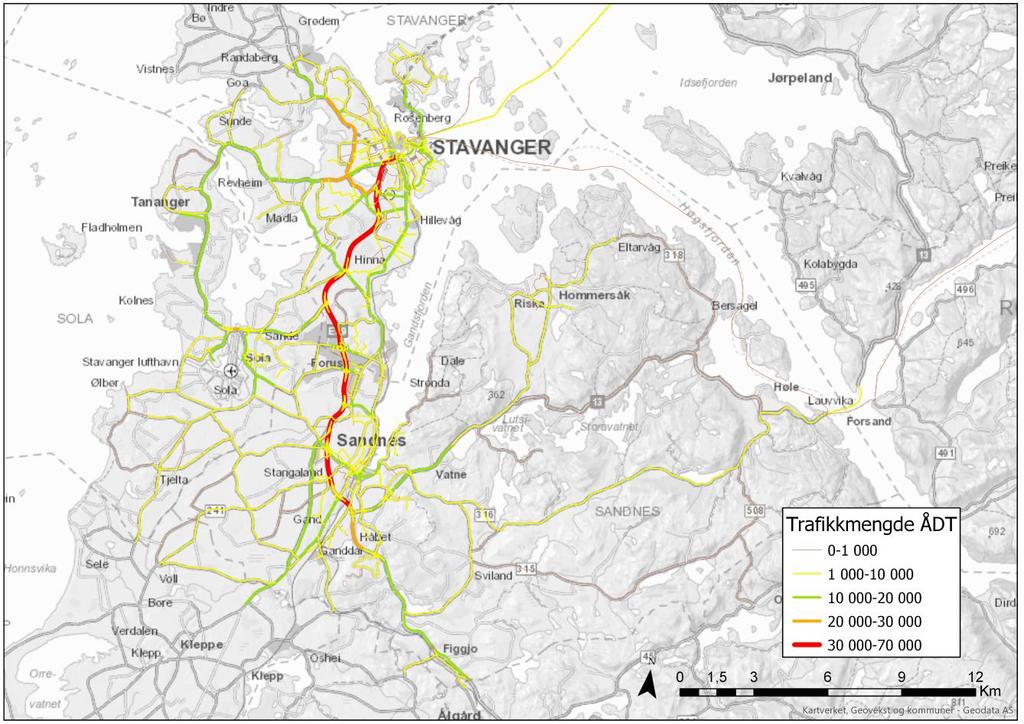 7 Handel som bærekraftig sentrumsutvikler Kart 7-3 viser trafikkmengden som i gjennomsnittlig antall passeringer pr døgn (=ÅDT) for området rundt Forus og Lura.