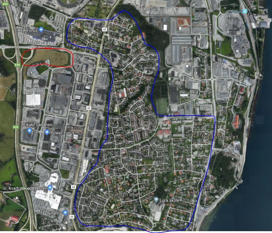 7 Handel som bærekraftig sentrumsutvikler Kart 7-4: Kart over Forus og Lura som viser tiltaksområdet (i rødt), og boligområdet (i blått), samt E39 vest for tiltaksområdet (kilde: Google maps). 7.5.