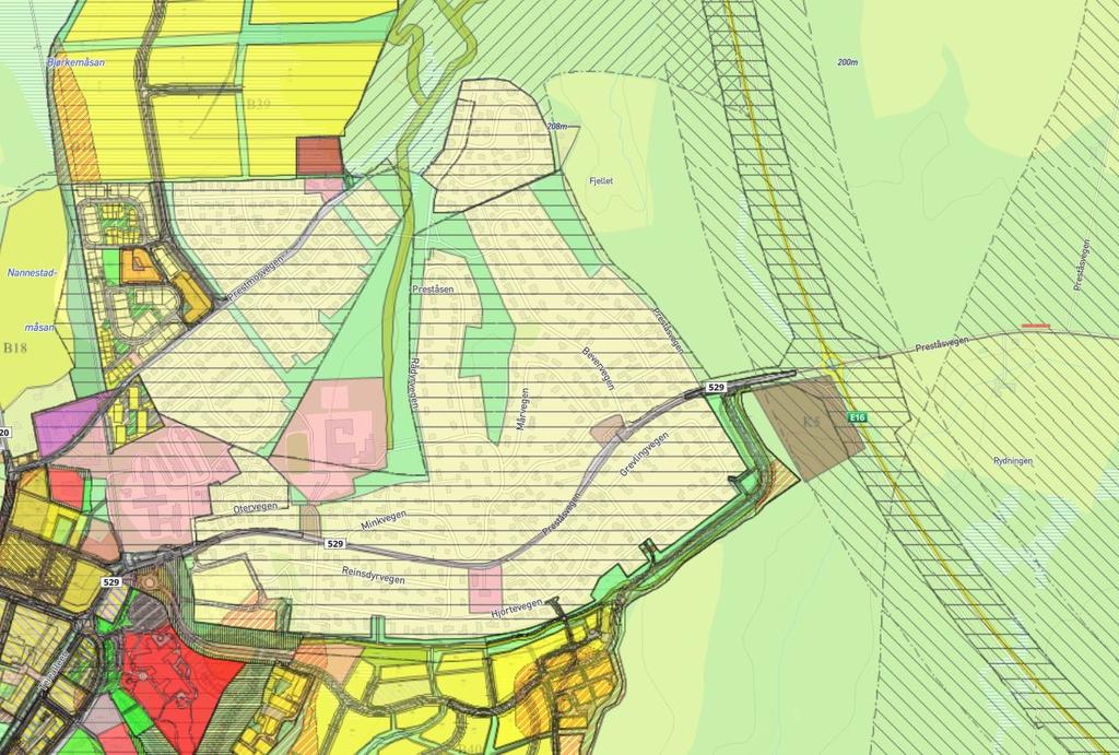 Utsnitt som viser gjeldende planer i Nannestad. Brunt felt merket K5 er planlagt ny kollektivterminal.