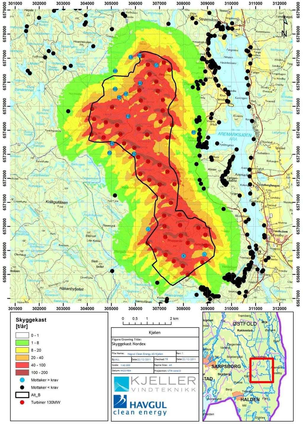 Figur 3-6 Kart med forventet antall skyggetimer per år, mottakere, berørte skyggemottakere og turbiner for layout Nordex N117 alt.b 130MW.