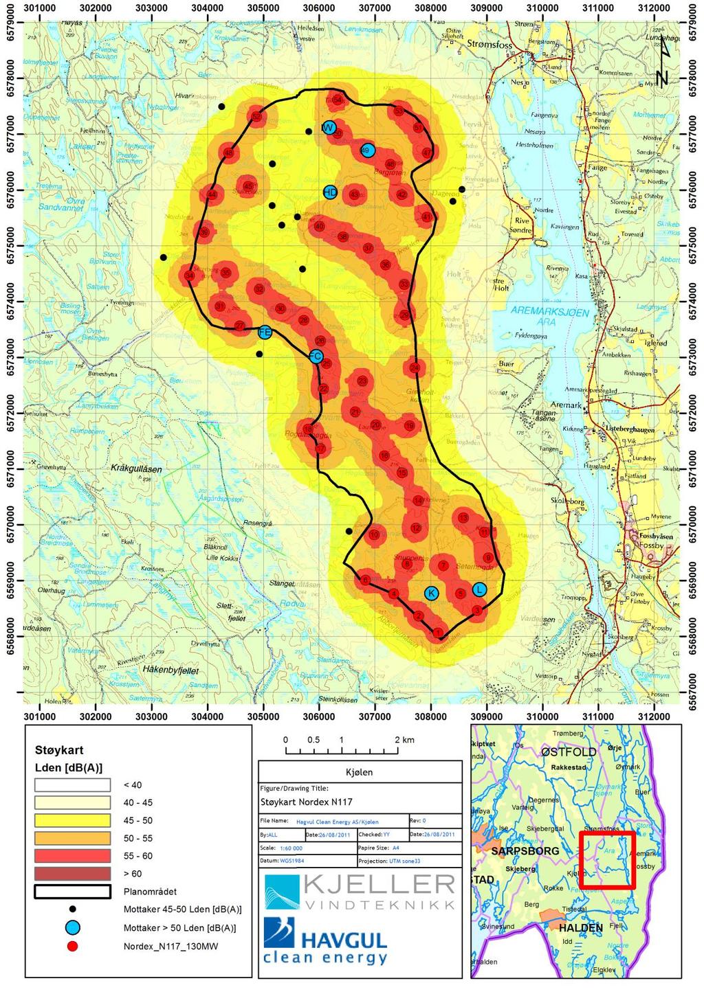 Figur 3-8: Støysonekart for Kjølen vindpark basert på