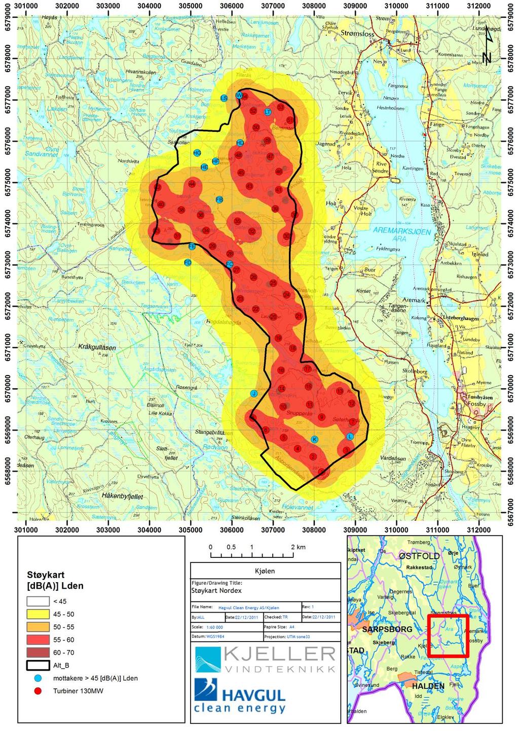 Figur 3-9 Støysonekart for Kjølen vindpark basert på