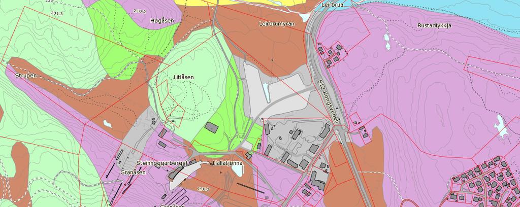 4 Grunnforhold Terrengforhold Planområdet er preget av hoppbakken i vest, høye fjellrygger i området rundt, og flate myrområder (Leirbrumyra, myra sørøst for Sivilforsvarsleiren, osv.).