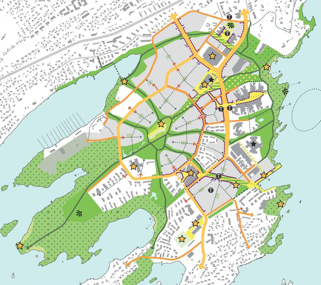 Hovedgate: Gate og hovedforbindelse med bymessig utforming, strukturerende element for bebyggelse, byrom og parkområder.
