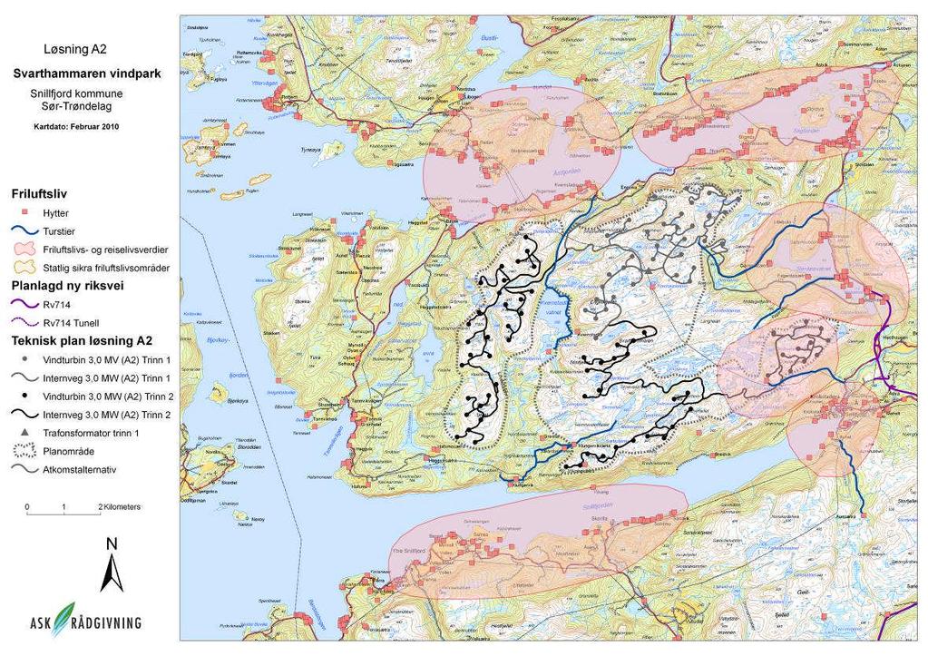 Figur 2. Kart over friluftslivs- og reiselivsverdier på og i nærhet til vindparkområdet 6.1.3 Verdier i influensområdet Krokstadøra Kommunesenteret Krokstadøra ligger ved Snillfjorden.