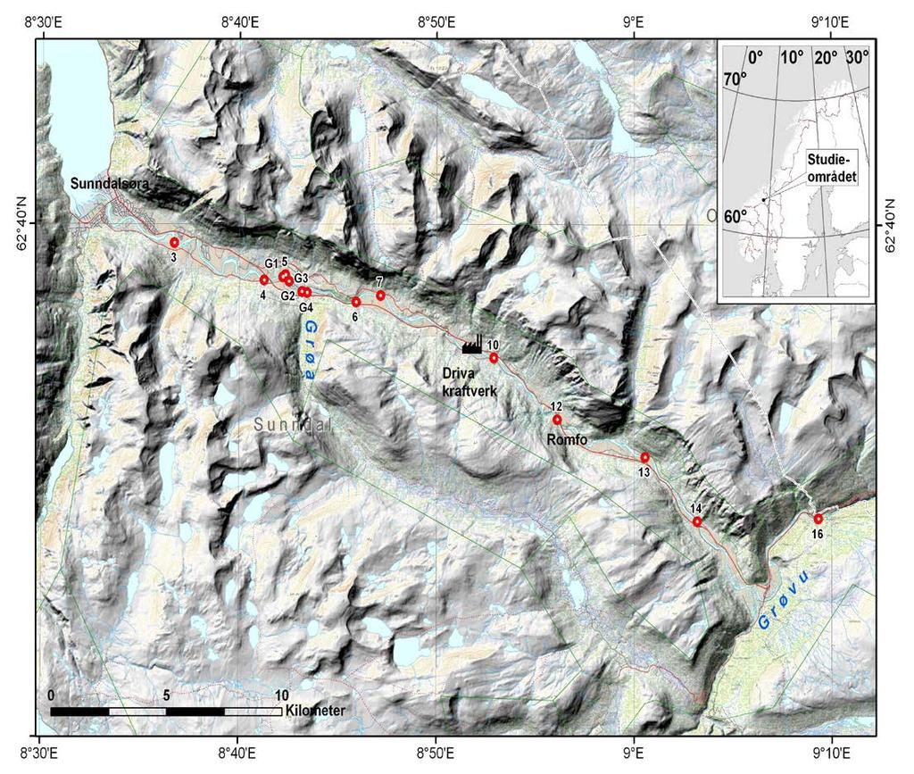 Figur 3.1.2. Oversiktskart over stasjoner som ble benyttet i nedre deler av Driva høsten 2010. Til innfanging av fisk ble det brukt elektrisk fiskeapparat.