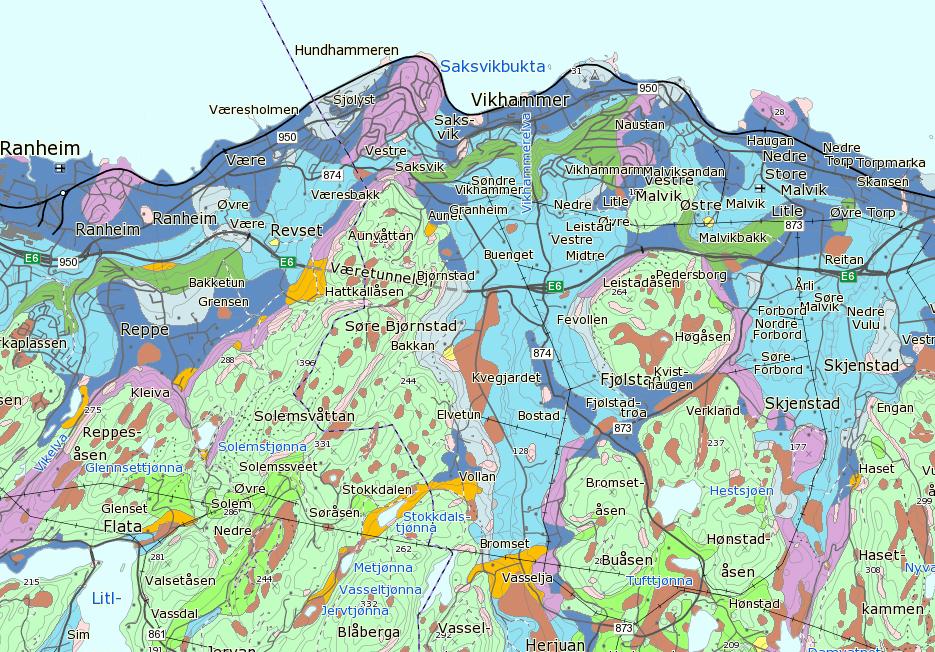 Figur 14. Løsmasser i området (NGU 2014). 4.2.2 Delstrekning 2 Området ligger i Trondheimsfeltet og berggrunnen består av omdannede bergarter av sedimentær og vulkansk opprinnelse.