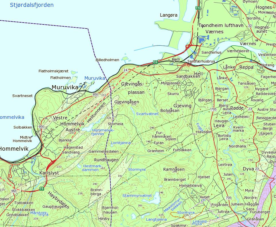 4.2.3 Delstrekning 3 Berggrunnen i området som strekker seg fra Hommelvik i sørvest til Værnes i nordøst ligger i Trondheimsfeltet, og består av omdannede bergarter av sedimentær og vulkansk