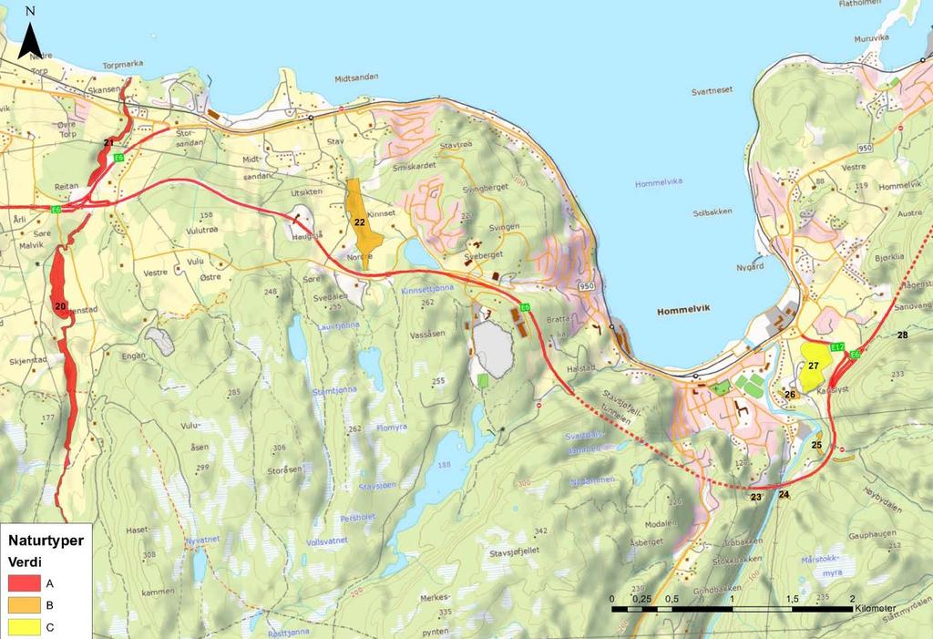 25 Høybybekken Viktig bekkedrag. Sjøørret kan vandre fra Homla og opp mot E6 hvor det er vandringshinder (berg + kulvert). Strekning oppstrøms E6 modifisert av steinfylling/utretting.