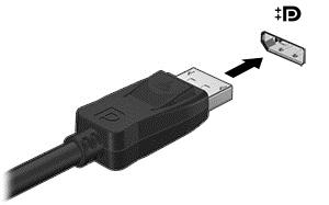 Slik kobler du en bilde- eller lydenhet til DisplayPort: 1. Koble den ene enden av DisplayPort-kabelen til DisplayPort-kontakten på datamaskinen. 2. Koble den andre enden av kabelen til skjermenheten.