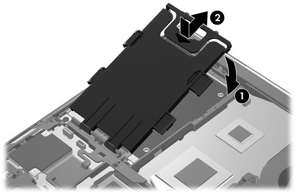 Installere en harddisk Slik setter du inn harddisken på EliteBook: 1. Sett harddisken i en vinkel inn i harddiskbrønnen (1), og legg deretter harddisken flatt i harddiskbrønnen (2). 2.