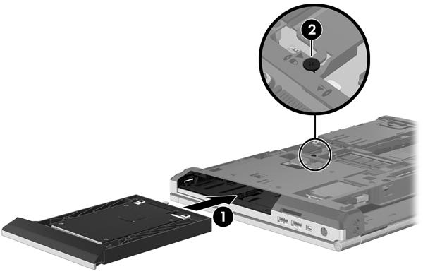 Slik installerer du en harddisk i oppgraderingsbrønnen: 1. Sett harddisken (1) inn i oppgraderingsbrønnen og stram skruen i oppgraderingsbrønnen (2). 2. Sett tilbake harddiskskruene. 3.