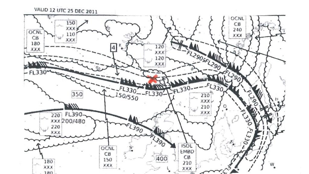 kart fra WAFC London, fra kl 06, 12 og 18 UTC i figuren under, Dagmars ca posisjon er markert med et X.