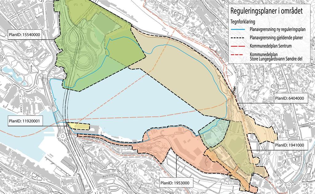 - Mot vest: til vestsiden av fv 256 Nygårdsgaten (vertikalnivå på overflaten under broene). Planen vil både omfatte landareal, sjøareal og sjøbunn.