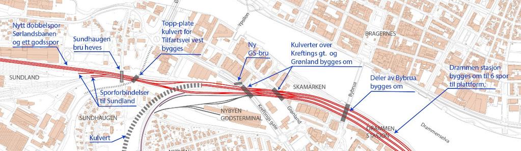 Drammen-Kobbervikdalen 4 av 34 2.1.2 Gulskogen stasjon Gulskogen stasjon utvides. Det etableres to nye underganger, og atkomst fra Baker Thoens alle opprettholdes. Stasjonsområdet utvides mot nord.