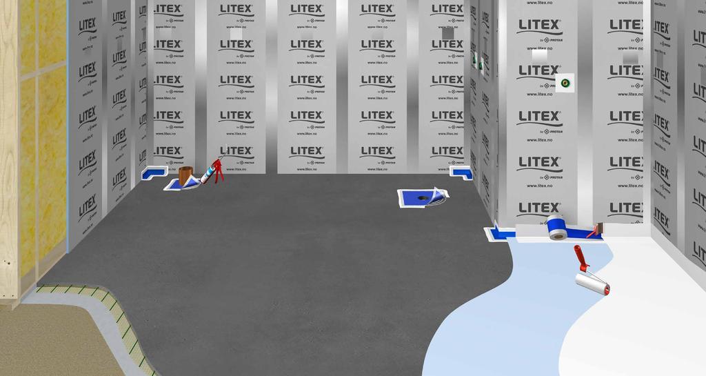 KOMBINASJONSLØSNINGER KOMBINASJONSLØSNINGER LITEX MEMBRANPLATE + SMØREMEMBRAN Litex Membranplate på vegg kan også kombineres med smøremembran på gulvet. Løsningen er mye brukt og er enkel å legge.