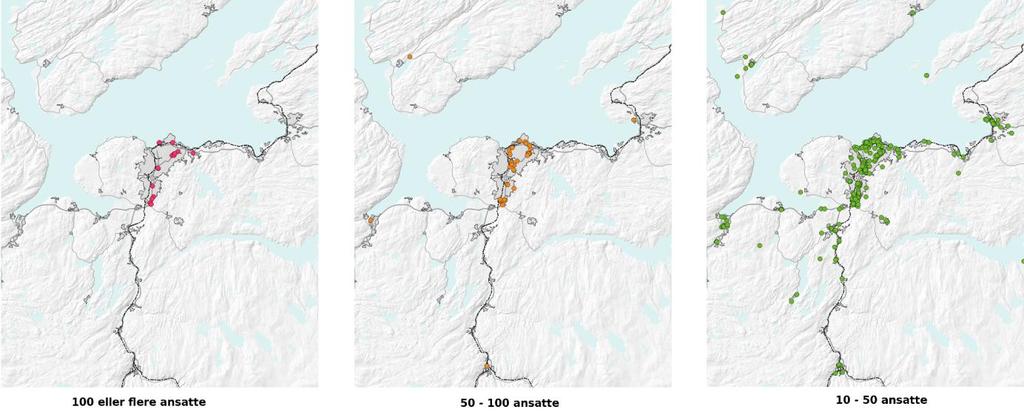 Det er 54 lokalservicevirksomheter med 50 eller flere ansatte, 416 virksomheter med 10-50 ansatte og 1437 etableringer med 10 eller færre ansatte.