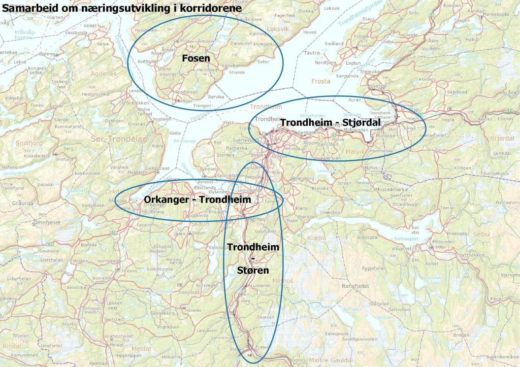 Nord korridor/fosen: Leksvik, Rissa, og de øvrige kommunene på Fosen som ligger utenfor Trondheimsregionen Denne korridoren ligger på andre siden av Trondheimsfjorden.