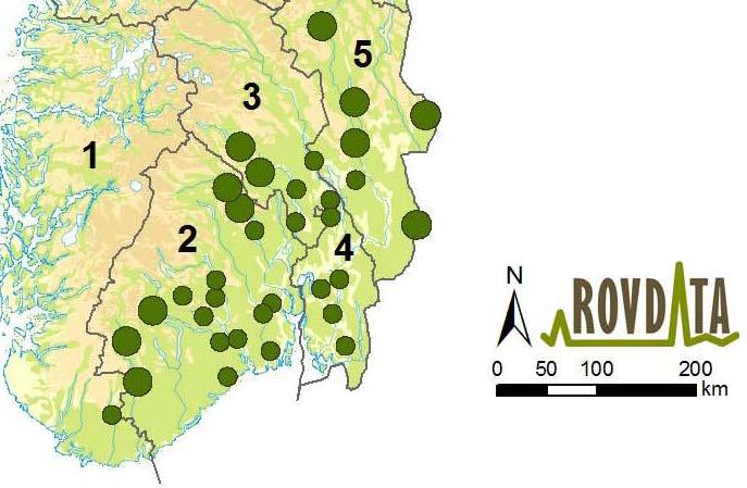 Side 11 av 22 Figur 3. Fordelingen av registrerte familiegrupper i 2012 i region 2 og tilgrensende regioner beregnet med normale avstandskriterier.