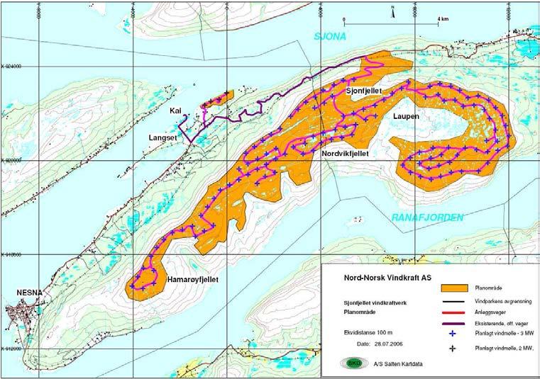 3. TILTAKSBESKRIVELSE 3.1 Vindkraftverket Planområdet utgjør ca. 41,7 km 2, hvorav 18,3 km 2 ligger i Nesna kommune og 23,4 km 2 i Rana kommune, pluss ca. 0,5 km 2 på Langset i Nesna kommune.