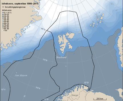 Isfrekvens (1986-2015) for april og september når isutbredelsen normalt er på eller nære hhv. sitt årlige maksimum og minimum.