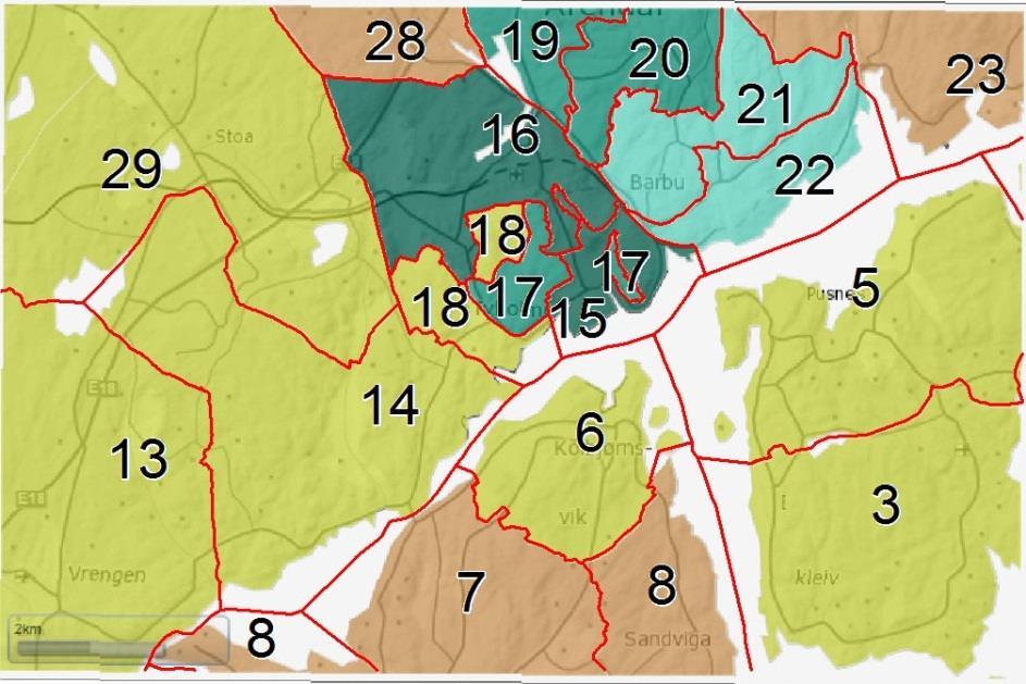 Andel barn i lavinntektshusholdninger EU-60, kommunen Arendal 10,4% Norge: 10,2