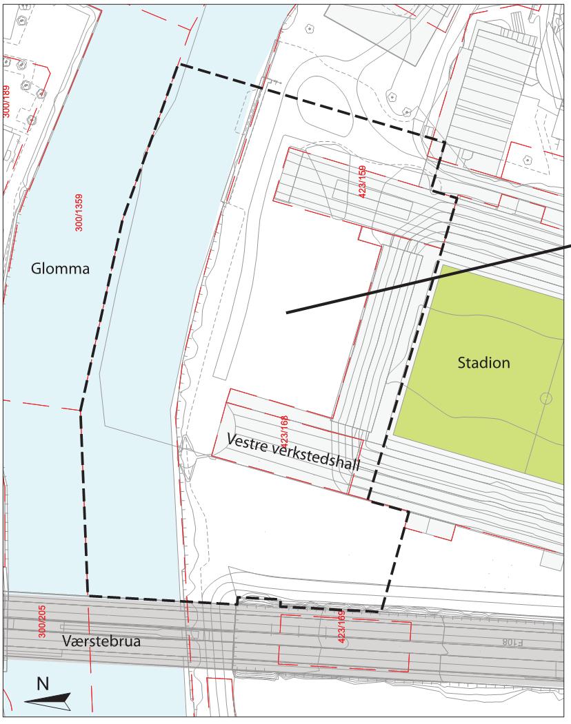 STADION NORD DREIEVÆRSTE - FORURENSET GRUNN 6 Figur 1. Tiltaksområdet for Stadion Nord er definert med svart stiplet linje.