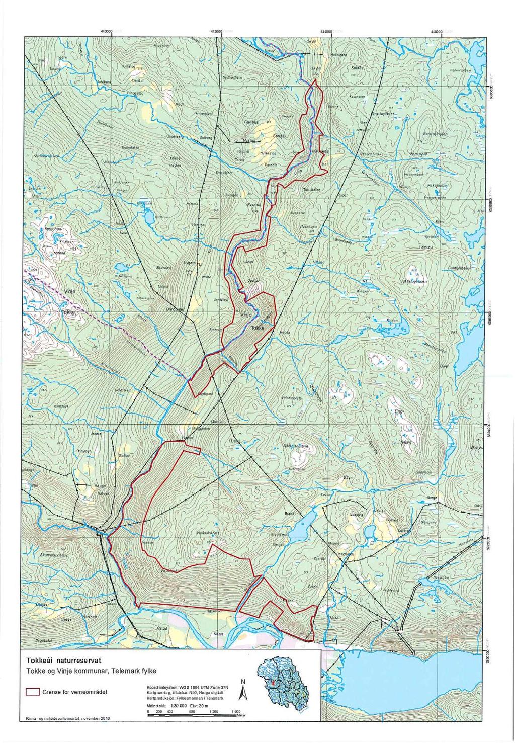 Kartet viser omfanget av Tokkeåi naturreservat slik det