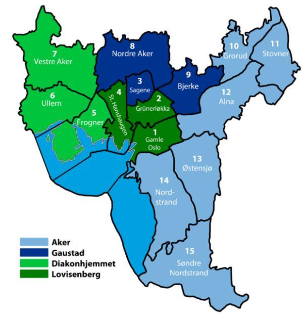 Tabell 11: Bydelsfordelingen i 2035 Sykehus Bydeler Befolkning Aker Lokalsykehus for 6 bydeler: Nordstrand, Søndre Nordstrand, Østensjø, Alna, Grorud og Stovner.