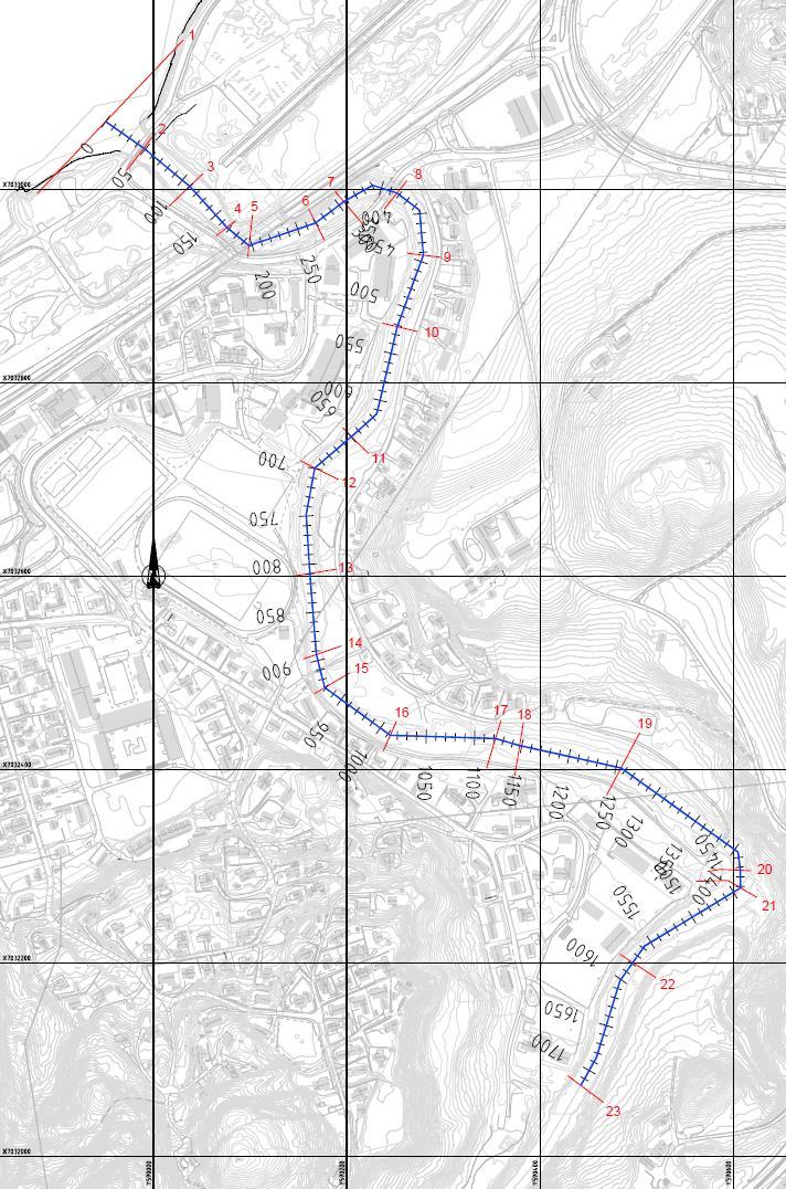 Figur : Den beregnede elvestrekningen gjennom planområdet med benyttede