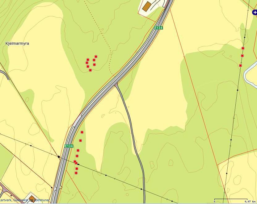 Fig. 24 Oversikt over veiene på Vedle. De røde markeringene indikerer veiene.