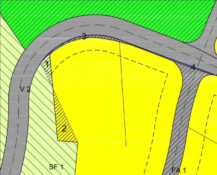 Figur 3: Forslag til endringer på plankartet. Arealberegning: 1. Område 1: 27,1 m2 endres fra boligområde (A2) til friluftsområde (SF1). 2. Område 2: 81,9 m2 endres fra friluftsområde (SF1) til boligområde (A2).