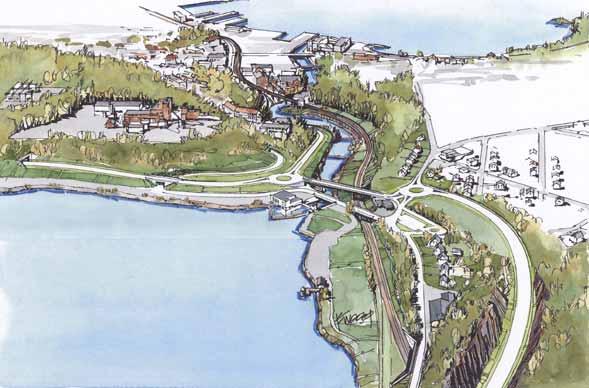 Figur 1-37: Alternativ 5 sett fra nord mot Farriseidet. Figur 1-38: Framtidas situasjon på Farriseidet sett utover Farrisvannet med motorvegbrua bak standpunktet i alternativ 5 1.2.