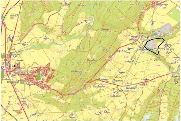 Konsekvensutredning; Detaljplan Langland Nedre Grustak Side 4 av 31 3.5 Planområdet Planområdet ligger på Fremoplatået, ca 5 km østlig retning fra Ler Sentrum. Avkjørselen til området er fra fv 712.