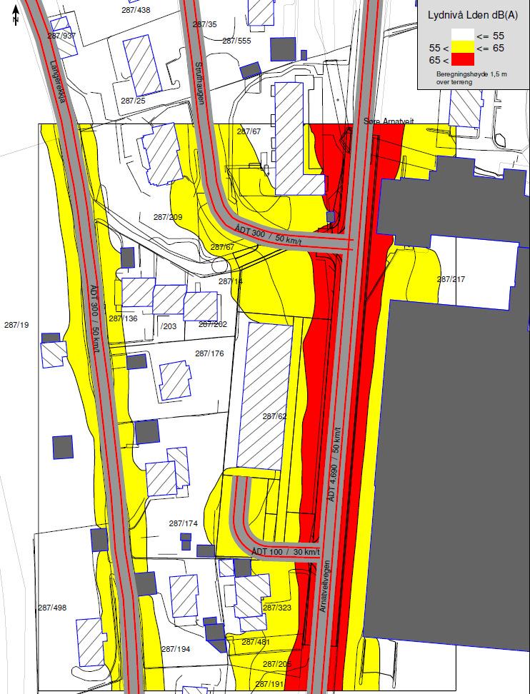 Vedlegg B: Lydnivå Lden (støysonekart) Fremtidig situasjon uten tiltak og med trafikktall for år 2023, se figur 3.