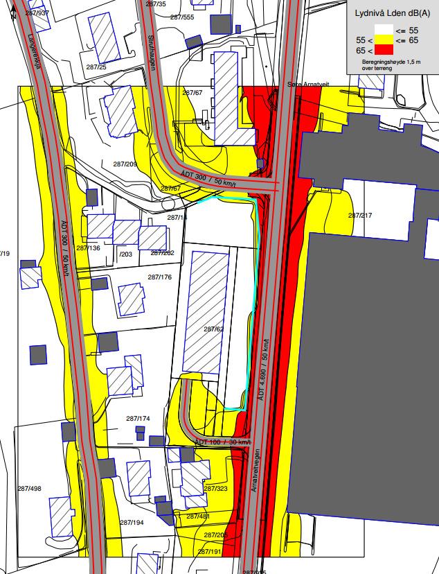 Fremtidig situasjon med tiltak og med trafikktall for år 2023. Støysonekart for skjermet fremtidig situasjon vises i figur 4. Støysonen er beregnet i 1,5 m høyde over terreng.