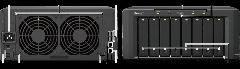 Synology DiskStation - overblikk Nr. Artikkelnavn Plassering Beskrivelse 1) Strømknapp Frontpanel Strømknappen brukes til å slå Synology DiskStation på eller av.