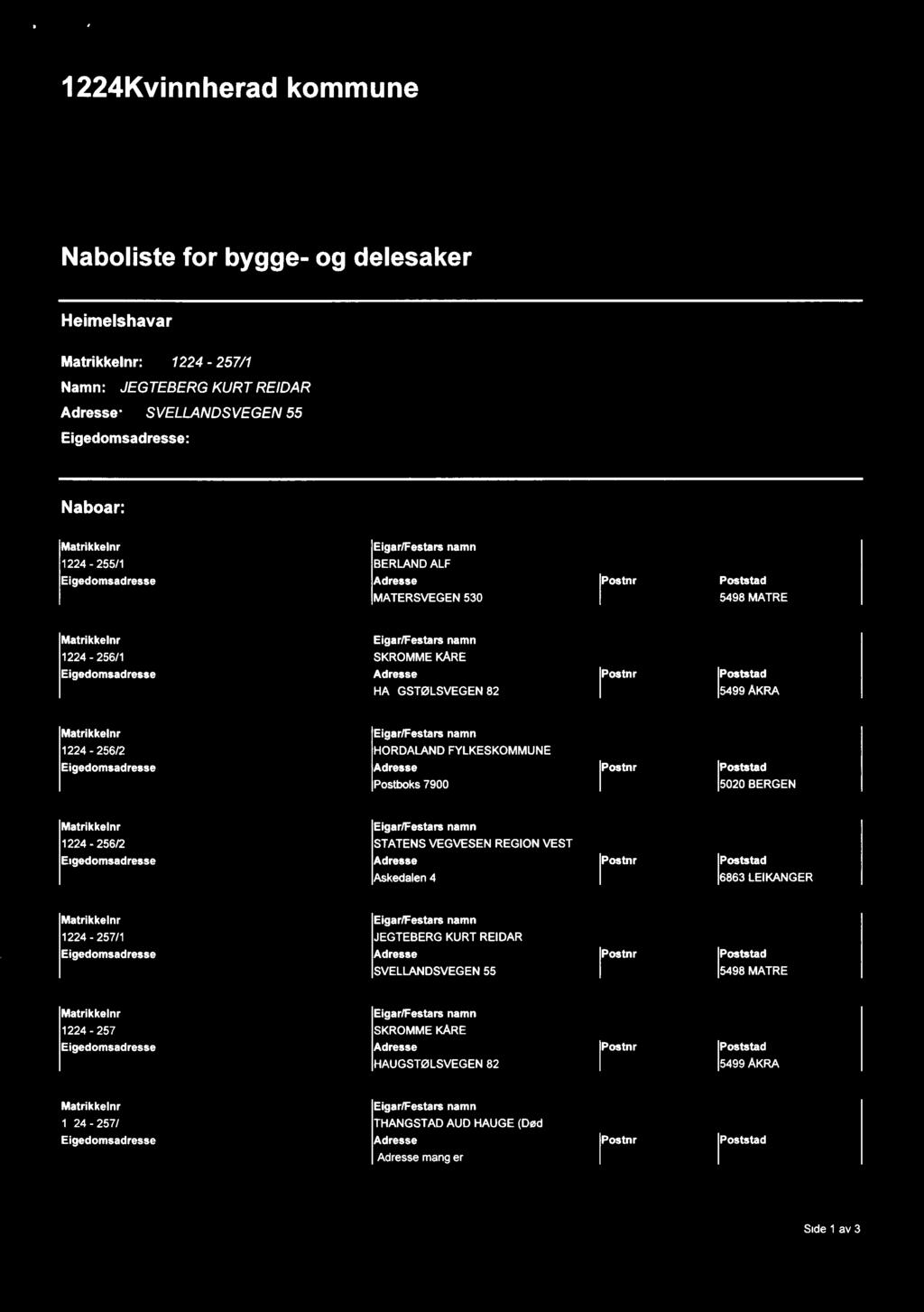 MATERSVEGEN 530 5498 MATRE 1224-256/1 SKROMME KARE HAUGSTØLSVEGEN 82 5499 AKRA 1224-256/2