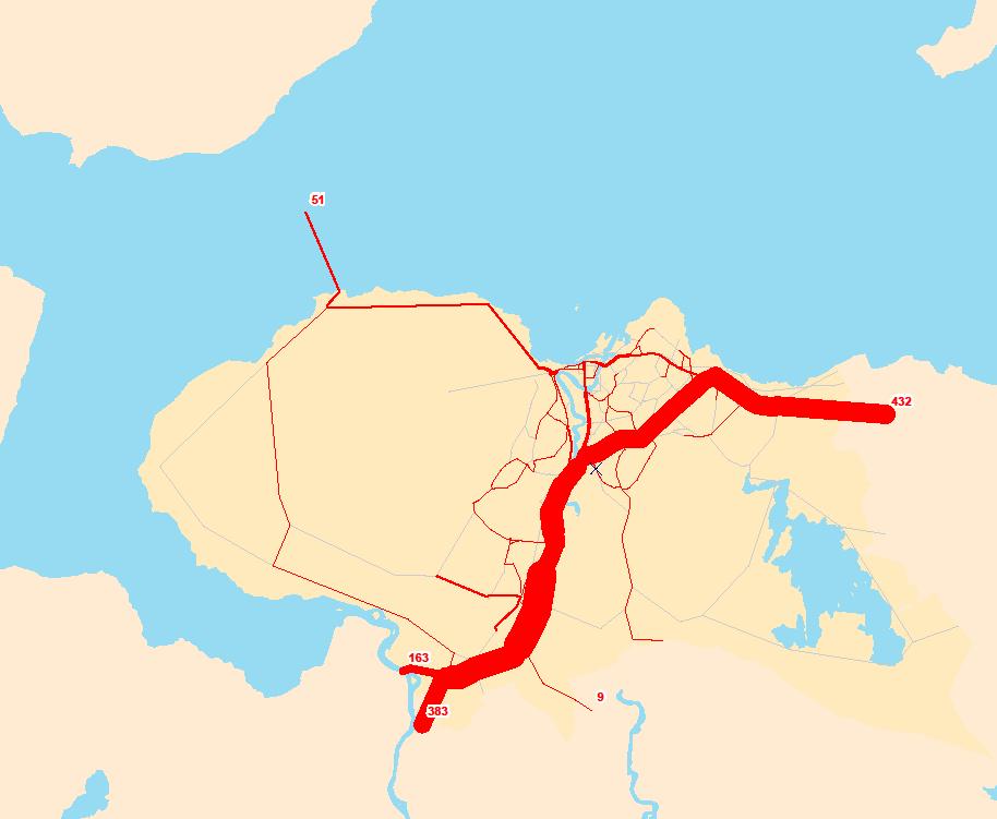 Figur 5.1: Nettutlagte turer (i 1000) utført med store godsbiler i Trondheim kommune i 2016. Datakilde: Lastebilundersøkelsen 2016.