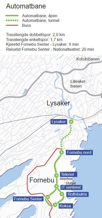 4.3 Automatbane Automatbane mellom Fornebu og Lysaker er tidligere utredet og dokumentert i rapporten Automatbane til Fornebu, datert 22. januar 2007.