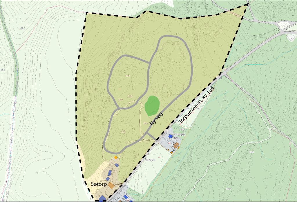 3 Beskrivelse av et mulig utbyggingsprinsipp Det er så langt ikke utarbeidet skisser som viser hvordan arealet kan unyttes, men det er naturlig å bygge opp et boligområde rundt et vegsystem formet