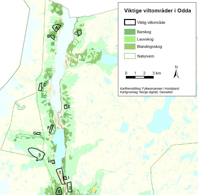 Figur 5-4. Utsnitt av viltkartet for Odda kommune som viser registrert viltområde ved innløpet til Sandvinvatnet (1). Tallene markerer viktige viltområder (8).