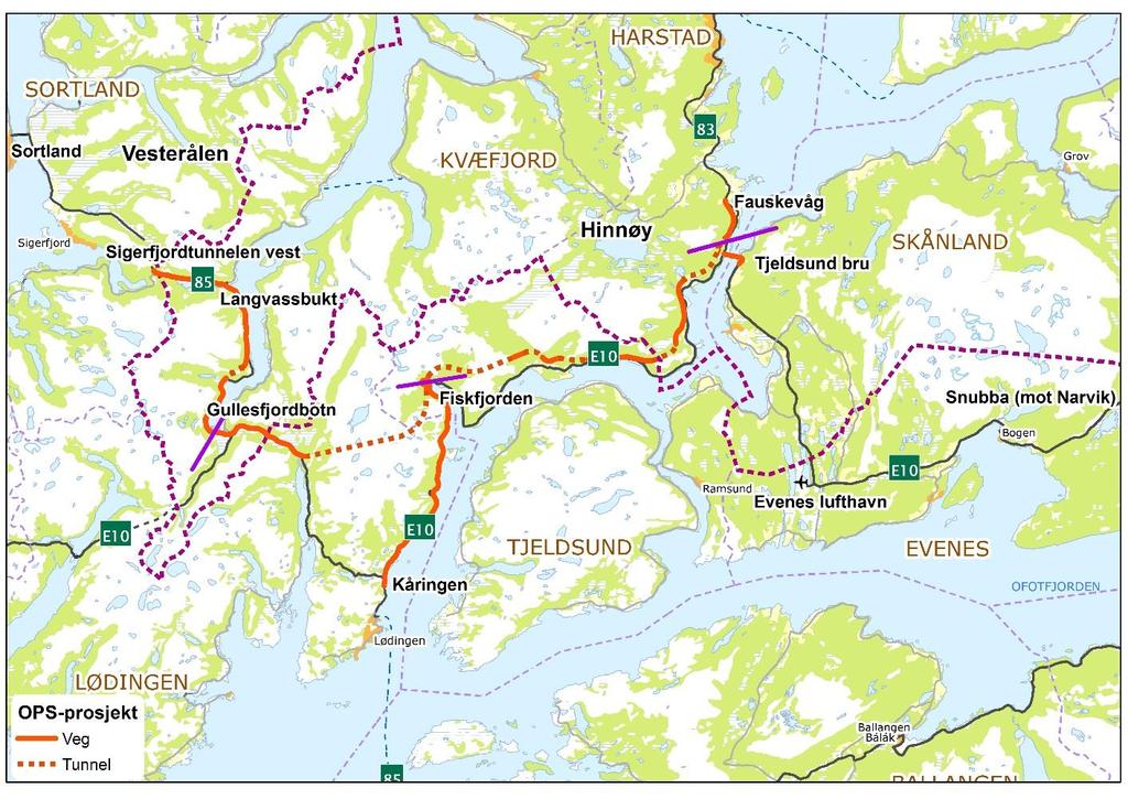 OPS-prosjektet omfatter: - Utbygging av E10 på strekningen fra kryss fv. 825 ved Tjeldsund bru i Skånland kommune til kryss med rv. 85 i Gullesfjordbotn i Kvæfjord kommune.