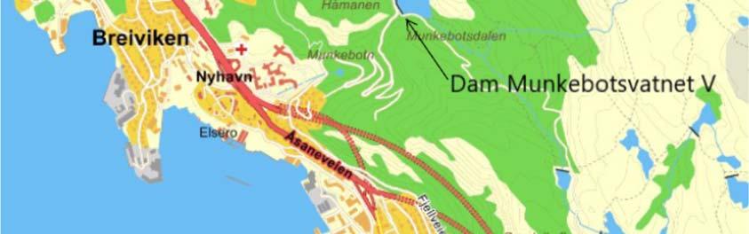 dammer. Vassdraget hadde før regulering sitt naturlige avløp mot Sandviken.