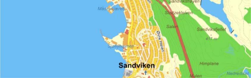 Eidsvåg og dam Munkebotsvatnet V med avløp vestover mot Sandviken, ble