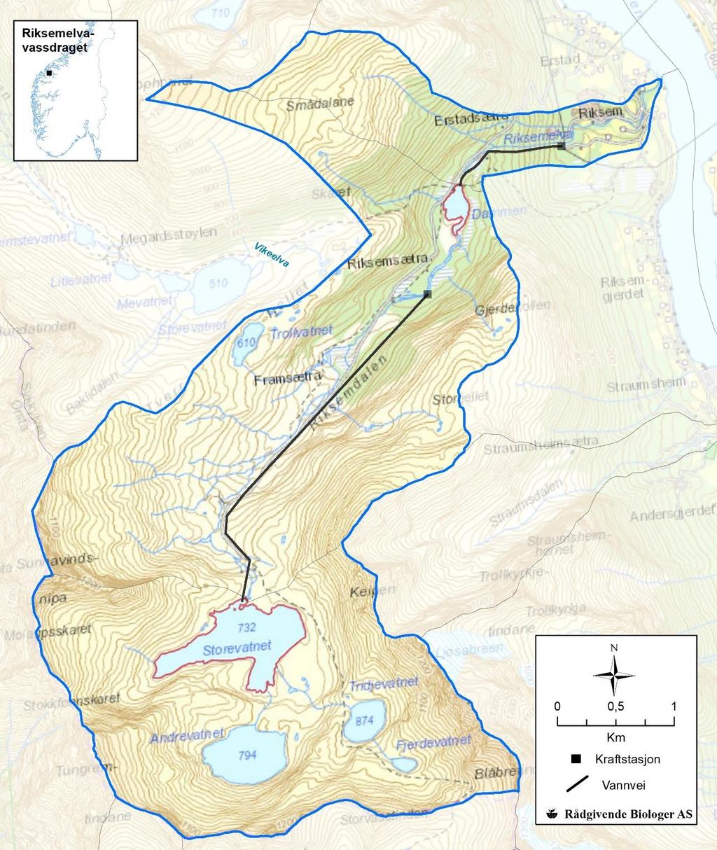OMRÅDEBESKRIVELSE Riksheimselva (Riksemelva) (vassdragsnr. 097.6Z, figur 1) har et nedbørfelt på 17,4 km², og renner ut i Sykkylvsfjorden ved Riksheim i Sykkylven kommune.
