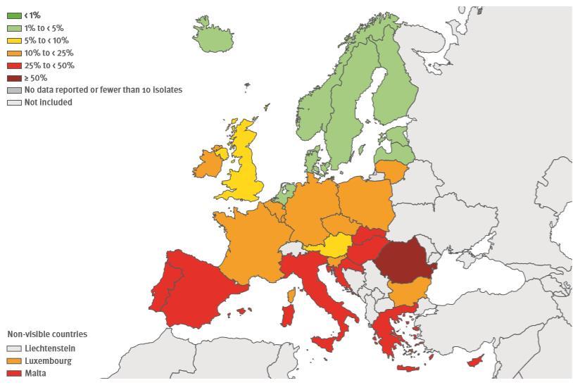Figur 8: Prosentvis resistent mot MRSA blant deltagende Europeiske land i 2016. Kilde: https://ecdc.europa.eu/sites/portal/files/documents/amr-surveillance-europe-2016.