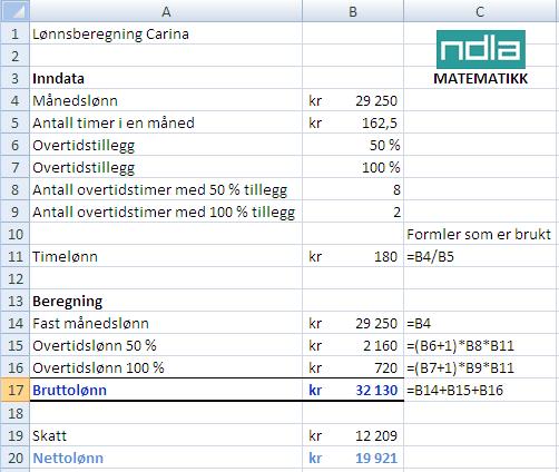 Oppgave 4 Carina er sekretær i et bilfirma. Hun arbeider 162,5 timer i måneden og har en fast månedslønn på 29 250 kroner.