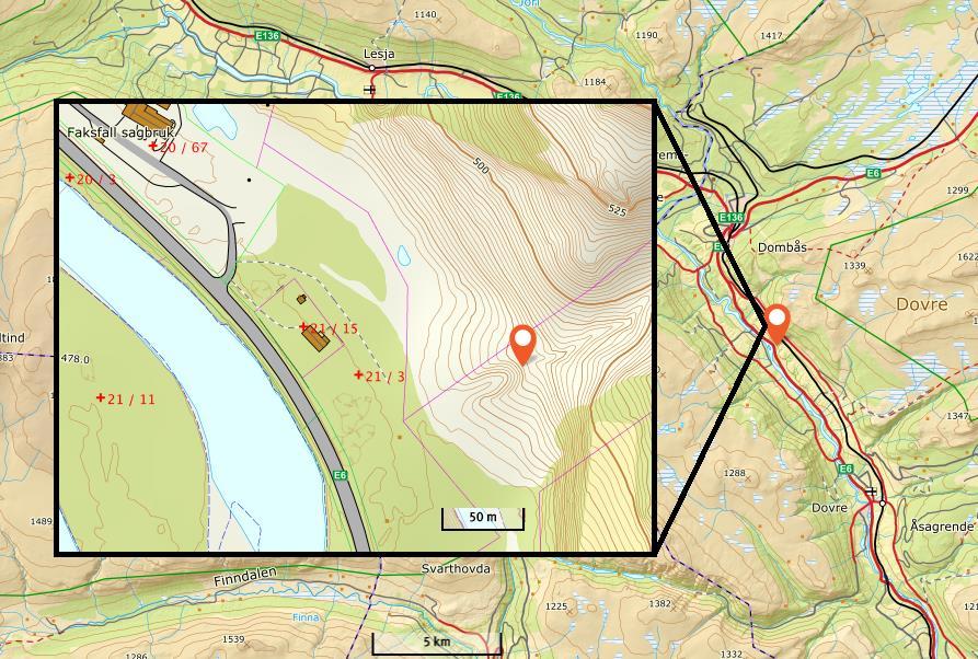 Figur2 Oversiktskart over lokaliteten på Faksfall. Fra Norgeskart.